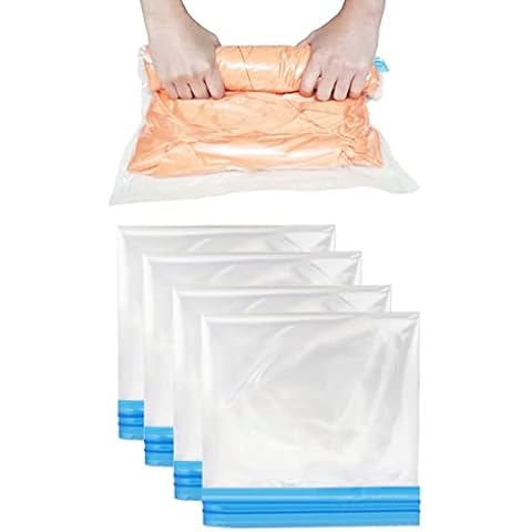 Roll Up Compression Bags, 4 Pack 50x35cm Reusable Vacuum Storage Bags for Travel, Saving Space in Suitcase, No Pump Required Cover