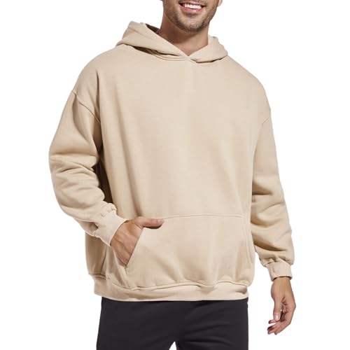 Lytiarul Men's Fleece Basic Solid Color Hoodie Plain Loose Fit Hooded Sweatshirt Trendy Casual Pullover With Pockets(Apricot,L)