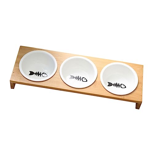 BAZEITFLOW 竹製スタンド付きセラミック猫犬用フードボウル 猫用食器 滑り止め設計 清掃簡単で衛生的 ペット餌やりに