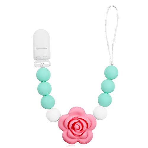 Pacifier Clip Holder Baby Teether,2 in 1 Universal Soother Holder Adapter, Teething Beads Soothie Holder for Girls Boys,Infant Shower Toy,Chewable Silicone Rose (White,Green,Pink Roses)