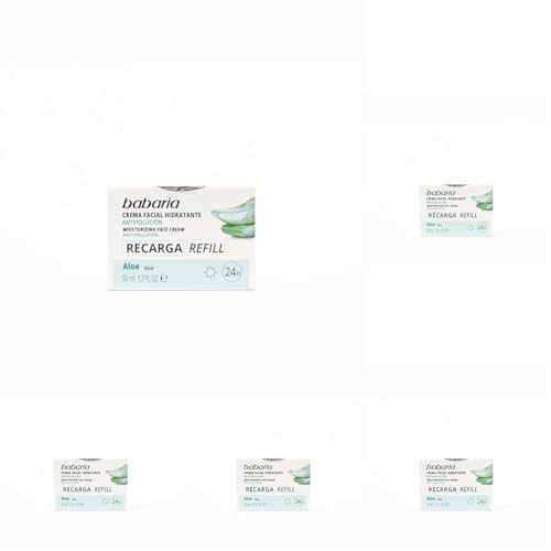Babaria - Crema Facial Hidratante Antipolución Refill, con Aloe Vera y Alga Roja, 24h de Hidratación, 90% de Ingredientes de Origen Natural, 100% Vegano - 50 ml (Paquete de 5)