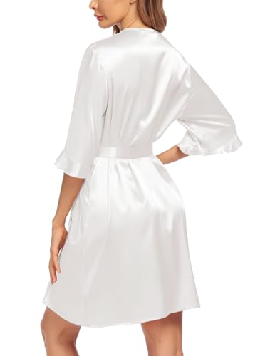 Image of Ekouaer Women's Satin Robe Valentines Lingerie for Women Kimono Bathrobe Short Ruffle Belted Robes Bridesmaids Sleepwear