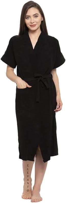 ELEVANTO (BLACK) PREMIUM DRY TECH TERRY MATERIAL HALF SLEEVE WITH FRONT POCKET BATHROBE FOR WOMENS