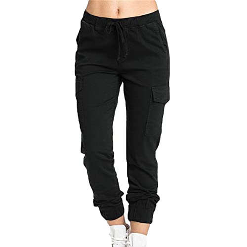 Pantalon Cargo pour Femmes Taille éLastique ChaîNe Poche LatéRale Pantalon DéContracté Cordon De Serrage LâChe SurvêTement Solide Conique Pantalon D'EntraîNement (Le Noir,S)