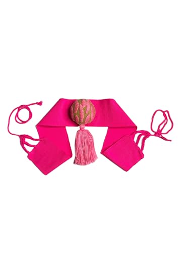 Decorative Mexican Waist Belt with Tassel, Hot Pink Fabric with Embroidered Ball, Traditional Style4