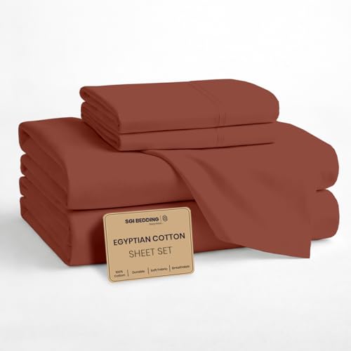 Image of SGI bedding 100% Egyptian Cotton Sheets Queen Size - Premium Luxury Hotel Sheet Set, Cooling & Breathable, Ultra Soft, 15 inch Deep Pocket, 4 Piece Bedding Set, Terracotta
