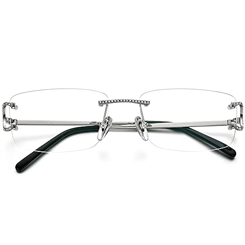 Image of HEPIDEM Vintage Style Rectangular Rimless Metal Eyeglasses for Men,New Frameless Zircon Diamonds Optical Glasses Frame
