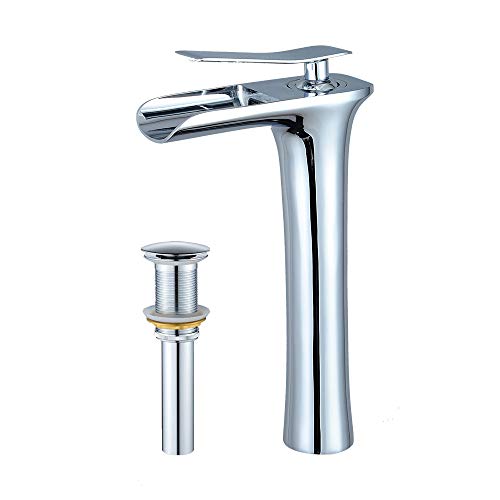 Creative Product Wovier Chrome Waterfall Bathroom Sink Faucet with Supply Hose,Single Handle Single Hole Vessel Lavatory Faucet,Basin Mixer Tap Tall Body Commercial