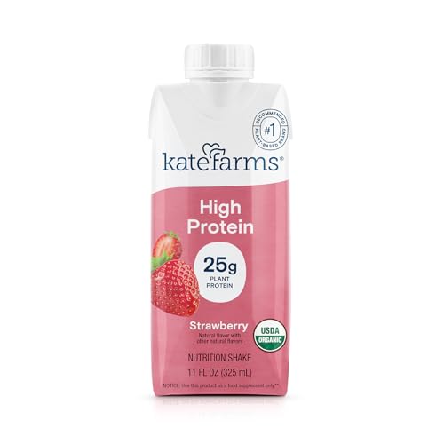 Image of KATE FARMS Organic High Protein Strawberry Nutrition Shake, 25g Protein, 6g Fiber, 27 Vitamins and Minerals, 0g Sugar, Protein Drink, 11 oz Bottle