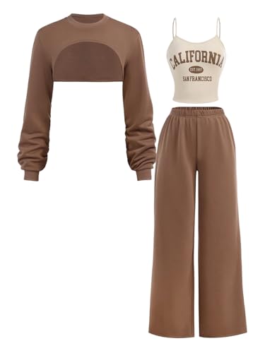 OYOANGLE Girl's Sweatsuit Set Letter Graphic Cami Top and High Low Hem Sweatshirt with Sweatpants Set Tracksuits