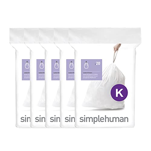 simplehuman Code K 100 Count, Dispenser Pack Custom Fit Liners, Drawstring Trash Bags, 35-45 Liter / 9-12 Gallon, White