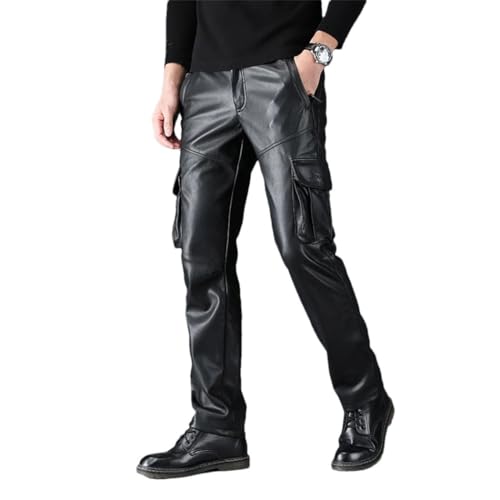 Men's Windproof PU Leather Cargo Pants Multi-Pocket Motorcycle Biker Workwear Pants