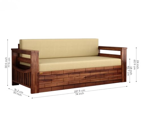 Image of Sheesham Wooden Sofa Cum Bed for Living Room with Side Pocket Storage - 3 Seater Sofa Cum Bed with Storage - 3 Person Sofa Cuma Bed Wooden with Premium Cushion Seating (Honey)