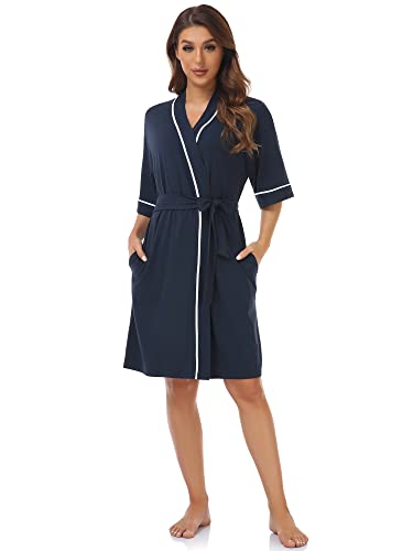 Image of COLORFULLEAF Womens Bamboo Short Robes Lightweight Kimono Cotton Robe Soft Knit Bathrobe Ladies Loungewear with Pockets