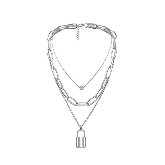 ARZONAI Stylish Triple Layered Silver Plated Heart Lock Pendant Necklace For Women and Girls (B0CQLWMXZD) Amazon Price History, Amazon Price Tracker