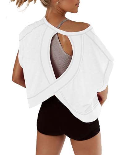 Fhniepan Open Back Tops for Women Oversized Short Sleeve Workout T Shirts Backless Y2k Athletic Crop Running Tees(White,M)