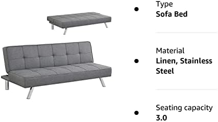 COSTWAY 3 Seater Convertible Sofa Bed, 3 Inclining Positions Linen Fabric Tufted Reclining Couch with Stainless Steel Legs, Upholstered Sofa Settee for Living Room Bedroom (without 2 Storage Drawers)