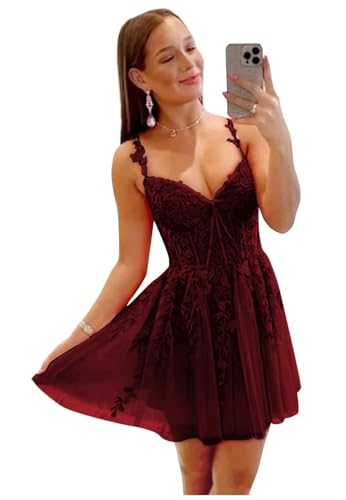 Lace Applique Beaded Short Homecoming Dresses Tulle Spaghetti Straps Mini Cocktail Party Prom Dress