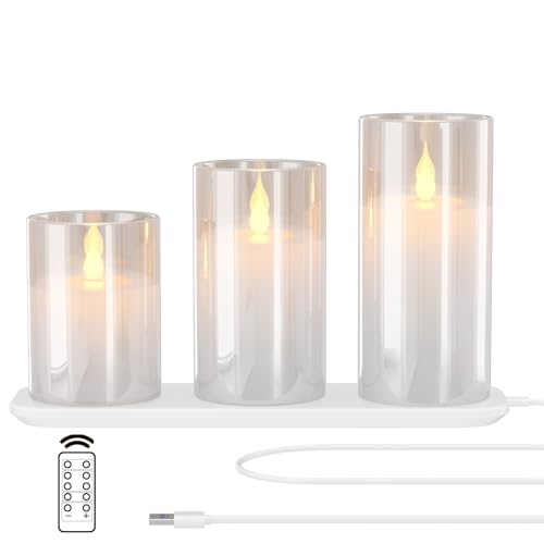 EXTSUD Bougies LED Sans Flamme Rechargeable avec Station de Charge et Télécommande, Lot de 3 Bougies Décoratives Clignotante en Verre avec Minuterie pour...