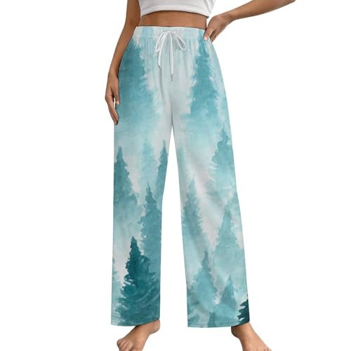 Pantalon de pyjama femme arbre aquarelle taille S | Bas de nuit fluide à poches
