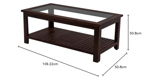 Image of Solid Sheesham Wood Modern Rectangular Coffee Table with Glass Top for Living Room with Bottom Storage Shelf /Glass Center Table for Sofa (Walnut)