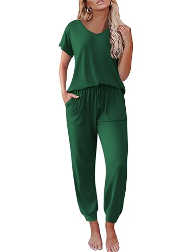 Image of Ekouaer Pajamas for Women Set 2 Piece Pjs Short Sleeve Sleepewar Tops and Jogger Pants Lounge Sets Tracksuit,Dark Green,XXL