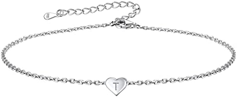 FOCALOOK Silver Ankle Bracelets for Women 925 Sterling Silver Initials Heart Anklets Summer Jewellery Solid Silver Foot Chain Anklet with Letter A-Z (Gift Box Send)
