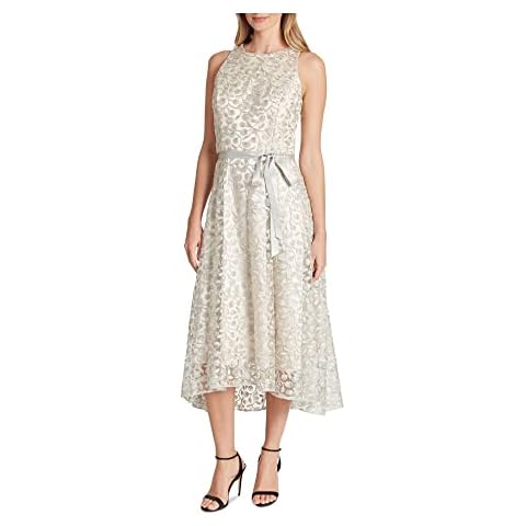 Tahari ASL Women's Sleeveless Crew Neck High Low Party Dress Cocktail, Taupe Silver Embroidery, 20 Cover