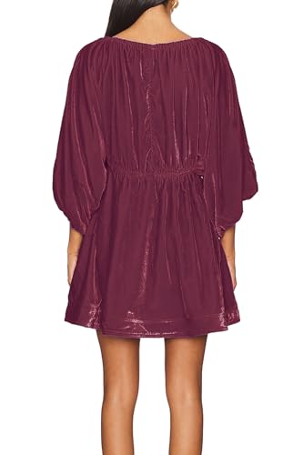 R.Vivimos Womens Fall Velvet Tunic Dress 2025 Trendy Sexy Deep V Neck 3/4 Sleeve Elastic Waist Loose Mini Dress with Pockets3