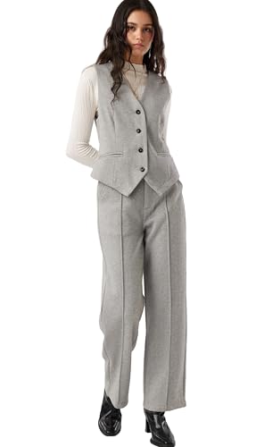 Women's 2 Piece Outfits Wool Blend Vest Waistcoat Dressy Casual Sets Winter Thick Pants Suits