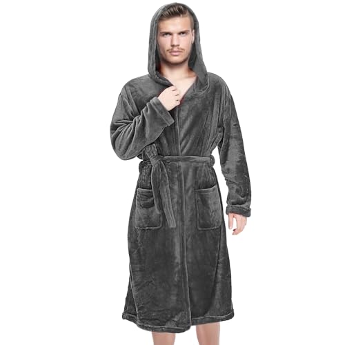 Mens Hooded Robe Fuzzy Mens Robe Bathrobe Long Spa Robe with Belt 2 Pockets Soft Warm Knee Length Bathrobe