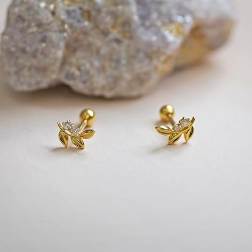 14K Pure Natural Diamond Olive Leaf Stud Earring – 18gauge Floral Flat Back Body Stud for Multiple Piercings – Dainty Jewelry for Women - Perfect Minimalist Design - Sold as a Single4