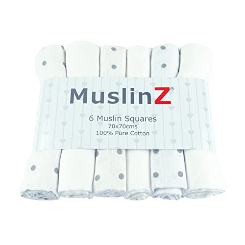 MuslinZ Lot de 6 bavoirs en mousseline 100 % pur coton, doux et absorbant pour les nouveau-nés (pois blanc/gris) 70 x 70 cm Cover