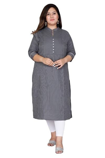 ATTIRIS Women's Plus Size Cotton Printed Straight Knee Length Collar Neck, 3/4th Sleeves Casual Kurta, Grey, 3XL - 8XL