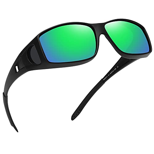 MEETSUN Lunettes de soleil ajustable pour hommes femmes, lunettes de soleil enveloppantes polarisées 100% UV400 Protection Black Frame-Green Mirror Lens Cover