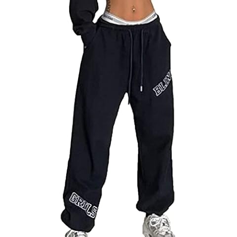 Cozivwaiy Women Fashion Sweatpants Elastic High Waisted Sports Pants Boyfriend Streetwear Drastring Baggy Jazz Pants Black Blue M Cover