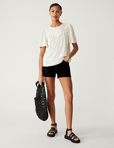 Image of Marks & Spencer Womens Embroidery Cotton Round Neck Regular Fit Short Sleeve Top