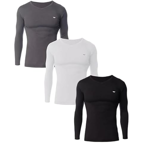 AMERICAN HEAVEN Men's 3 Pack Base Layer Long Sleeve Thermal V Neck Top | Soft & Lightweight Fleece Lined Shirts (3 Pack- Black/White/Grey, X-Large) Cover