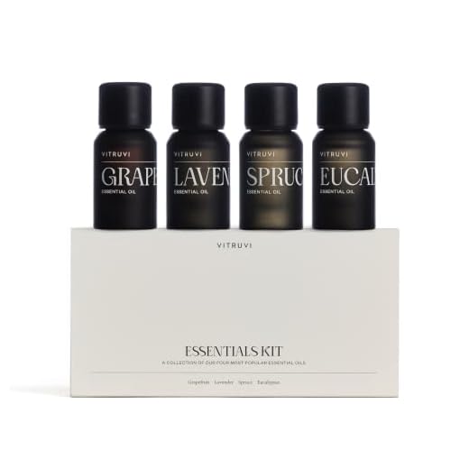 Vitruvi Essentials Kit, Essential Oil Starter Kit, 100% Pure Lavender, Eucalyptus, Grapefruit, Spruce, 4X 10ml (0.3 fl.oz) Bottles, 4 Count