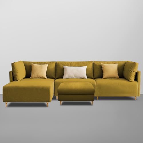 Image of Carina LHS 4 Seater L Shape Sofa Set with Center Table for Living Room (Yellow Fabric) Premium Fabric Sofa