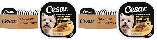 Image of Cesar Classic Loaf in Sauce Adult Wet Dog Food Grilled Steak & Eggs Flavor, 3.5 oz Easy Peel Trays, 24 Count (Pack of 2)