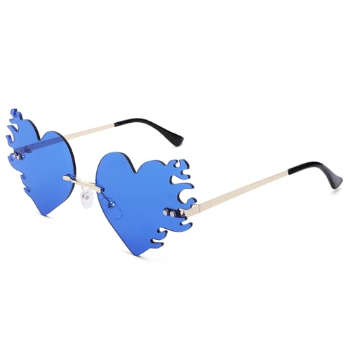 Fire Flame Sunglasses for Women - Heart Shaped Rave Prom Sun Glasses Women - Festival Shades with Rhinestones