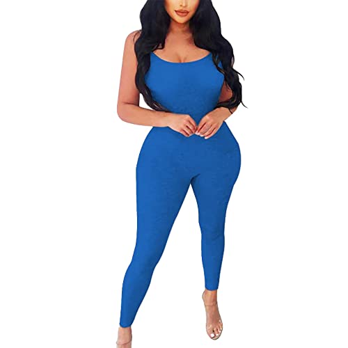 Mono sin mangas de tirantes finos para mujer, body ajustado a la figura, mameluco para mujer, de verano, largo de algodón (azul, L), azul, L