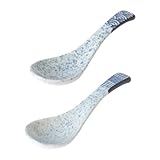 Gatuida 2 Stück Japanische Keramik Löffel Esslöffel mit Wellen und Edo Muster Vielseitig als Suppen und Ramenlöffel Hitzebeständig für Zuhause und Gastronomie Geeignet