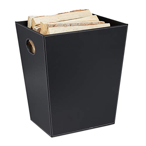 Relaxdays Cesta para Leña para Chimenea, Canasto Pellets de Polipiel, para Transportar y Almacenar, con Asas, Negro