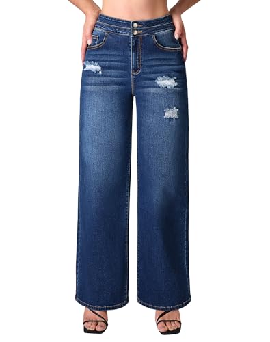 roswear Stretchy Loose Jeans for Women Wide Leg High Waisted Baggy Denim Distressed Pants