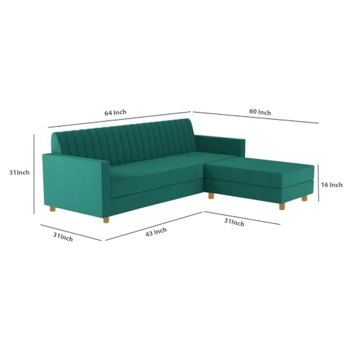 Image of Rosebell 3 + 1 Wooden 4 Seater L Shape Velvet Sofa Set | Convertible Modular Sectional Couch for Living Room | Space-Saving Design for Home & Office Guest Room- Green Color