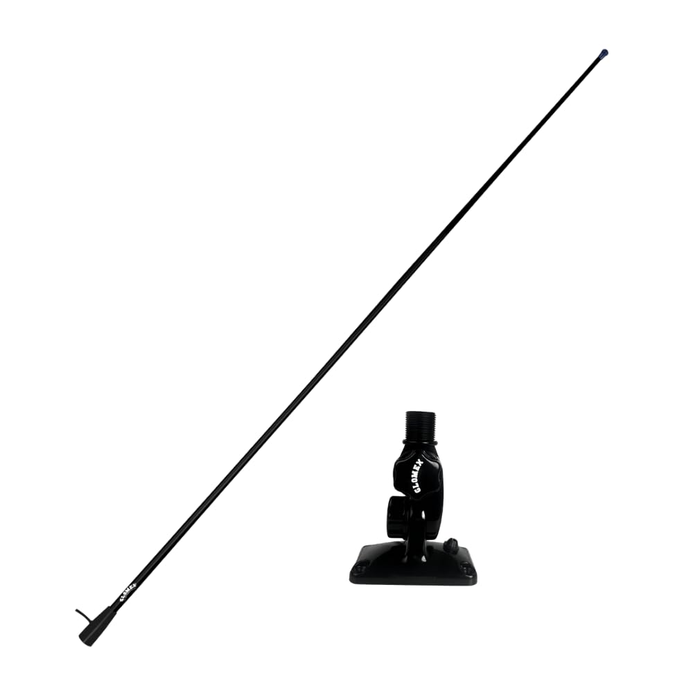 Glomex Klasyczna antena VHF do łodzi motorowych 1,5 m (czarna) + podstawa, model RA112/BK – wzmocnienie 3dB, czarne włókno szklane, do łodzi żaglowych, silników, pontonów, jachtów