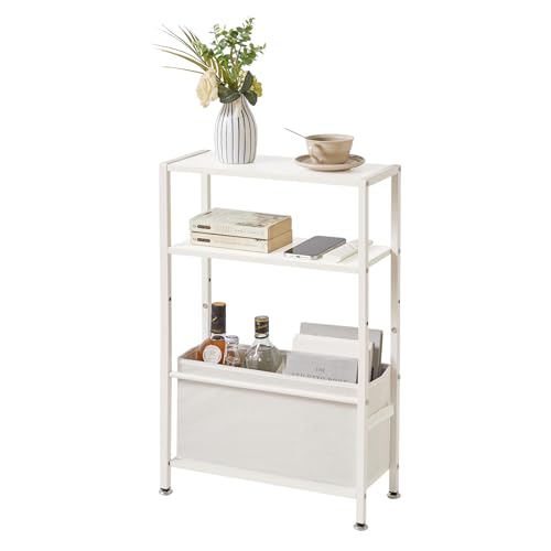 Aibiju 狭い サイドテーブル サイドベッド テーブル 布製引き出し付き ラック オープンシェルフ スリム 棚高さ調節可能 幅43×奥行18×高さ66cm コンソールテーブル ナイトテーブル おしゃれ 白 YD-TM052W