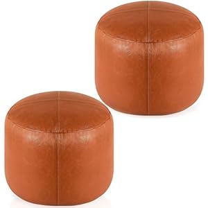 Camkinger Unstuffed Ottoman Poufs for Living Room Set of 2, Large Round Handmade PU Leather Collapsible Ottoman Pouf with Storage, Floor Foot Stool Pouf for Sitting, Furniture Decor (No Filler)